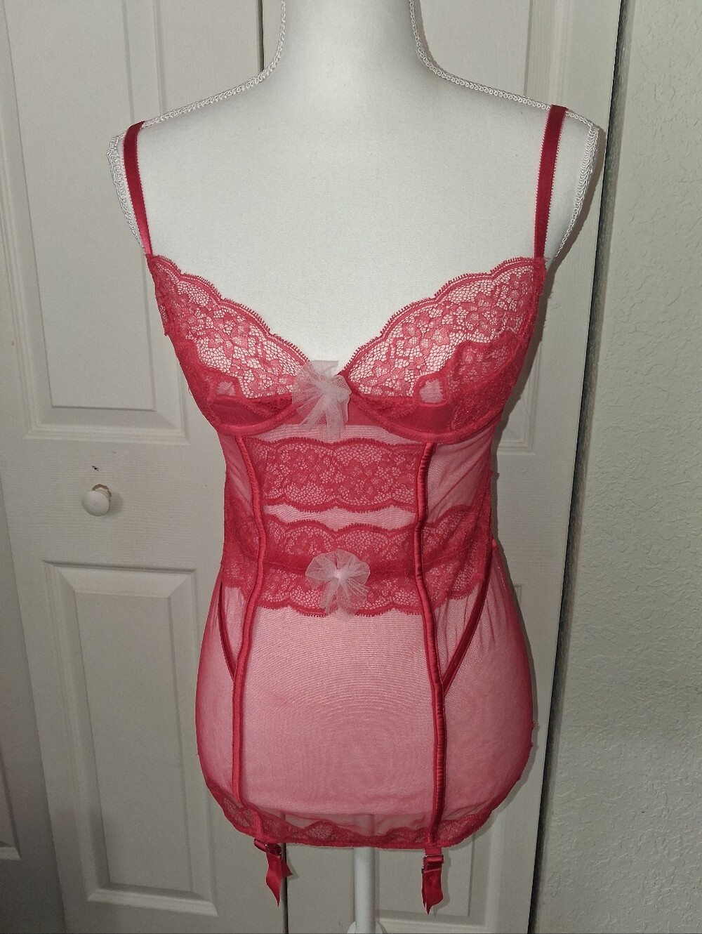 Victoria's Secret Red Mesh and Lace Merry Widow Corset Bustier. Size 34C.